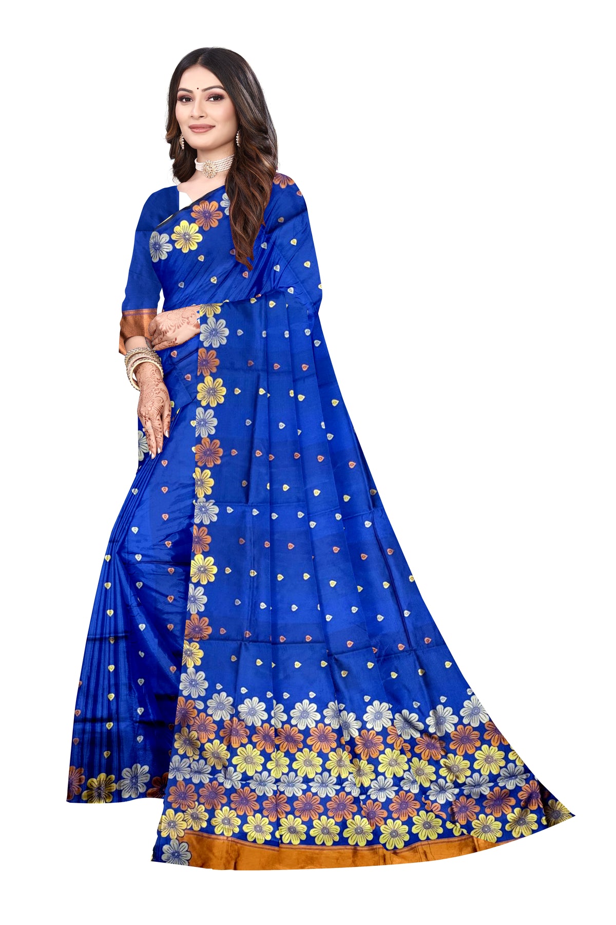 Rich Blue Floral Art Silk Saree (S - 1037)