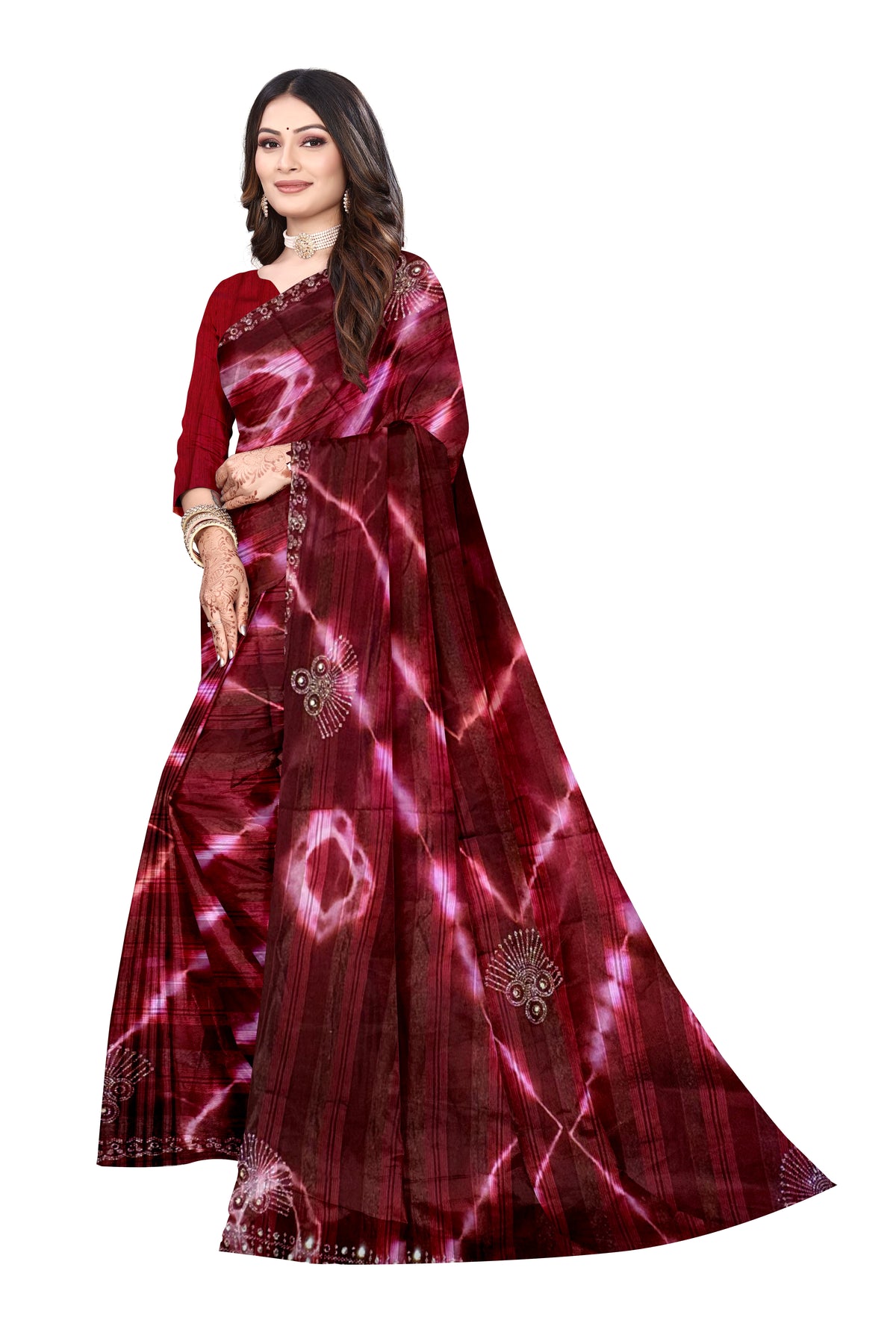 Maroon Swarovski Batik Saree with Embellished Border (R - 1072)