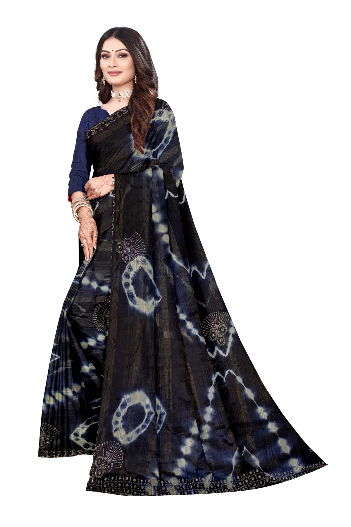 Navy Blue Swarovski Batik Saree with Embellished Border (R - 1070)