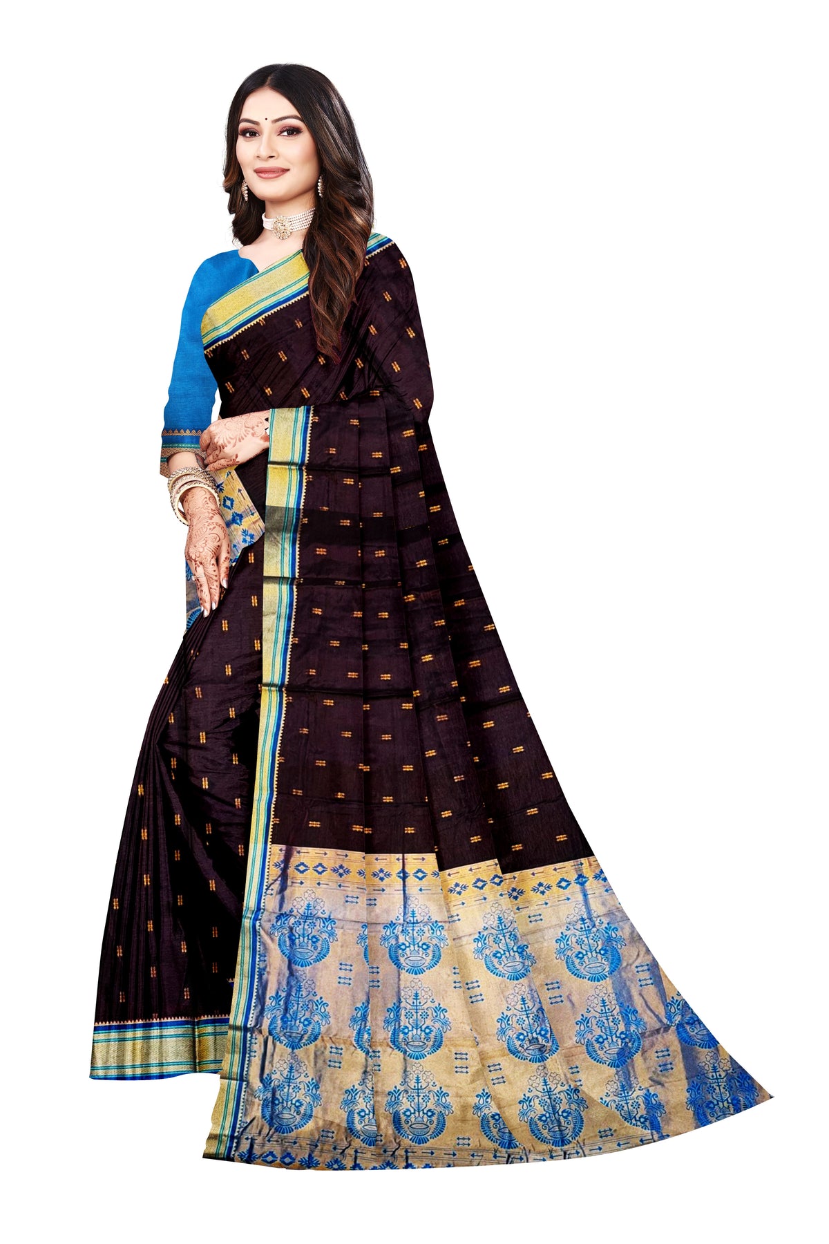 Chocolate Brown Vichitra Silk Saree with Aqua Blue Temple Zari Border (S - 1065)