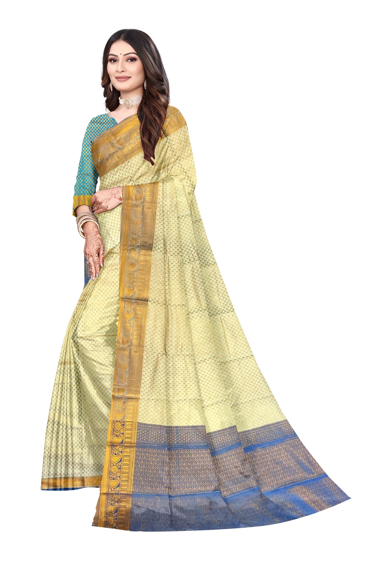 White Banarasi Silk Saree with Copper Motifs with Contrast Rich Pallu And Contrast Unstitched Brocade Blouse (S - 1001)