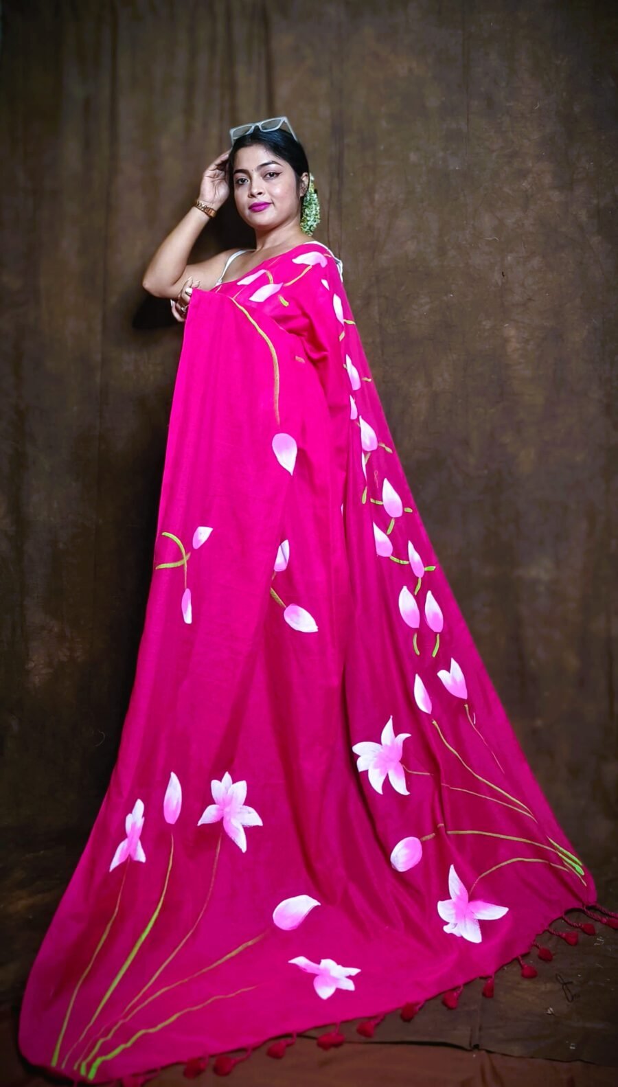 khadi magenta hand painted saree with Padma flower motifs – Swamini Sarees