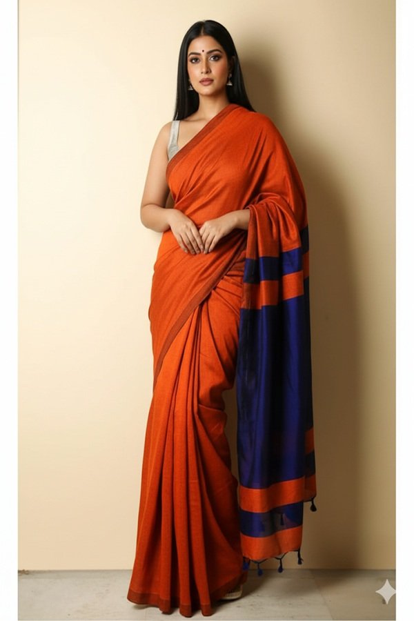 orange cotton khadi saree - swamini saree