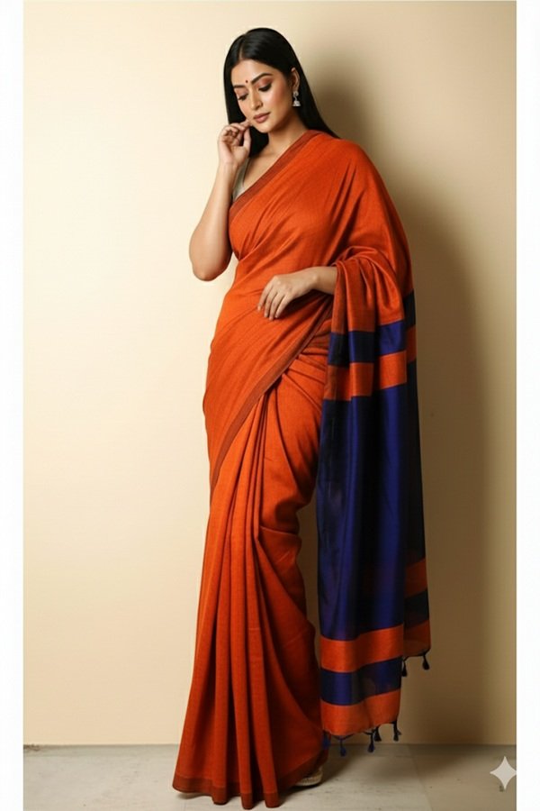 orange cotton khadi saree - swamini saree