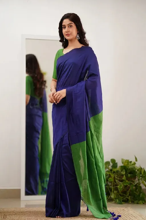 navy blue and green khadi sareee - swamini sarees