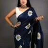 blue khadi sunflower block print saree draped on model-handcrafted by swamini sarees