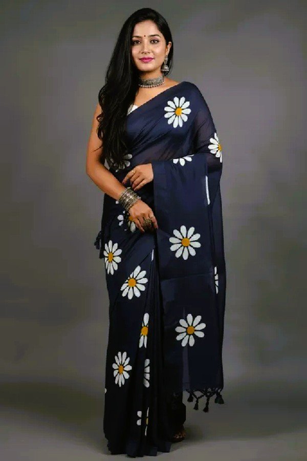Blue Khadi Sunflower Block Print Saree front view – handcrafted by Swamini Sarees