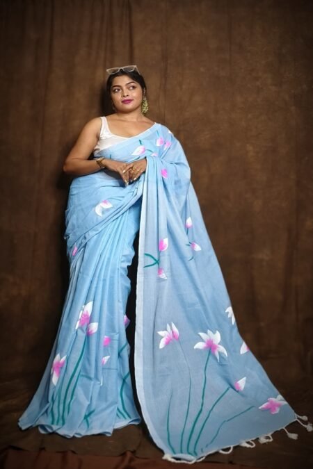 khadi skyblue hand painted saree with Padma flower motifs – Swamini Sarees