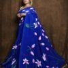 khadi Royal Blue hand painted saree with Padma flower motifs – Swamini Sarees