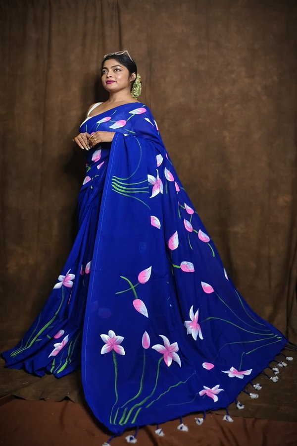 khadi Royal Blue hand painted saree with Padma flower motifs – Swamini Sarees