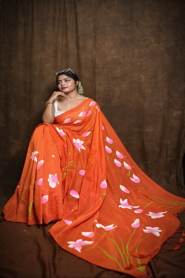 khadi orange hand painted saree with Padma flower motifs – Swamini Sarees
