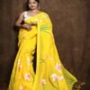 khadi yellow hand painted saree with Padma flower motifs – Swamini Sarees