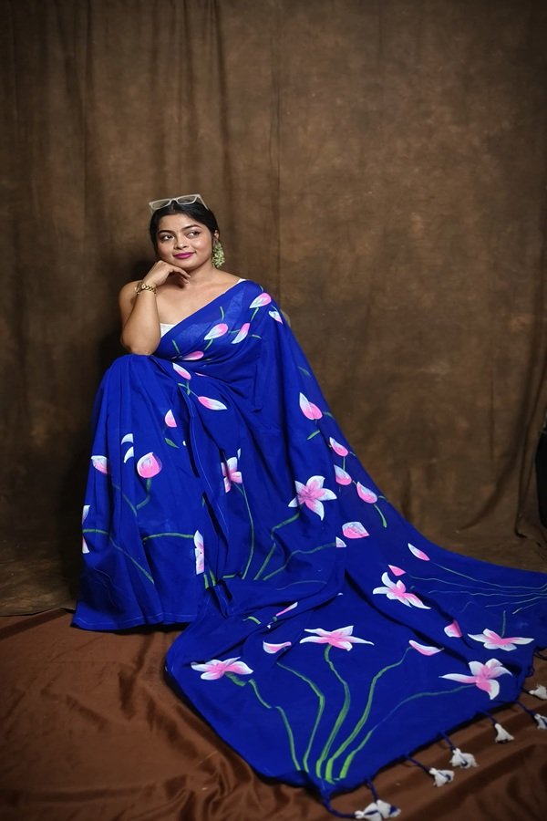 khadi Royal Blue hand painted saree with Padma flower motifs – Swamini Sarees