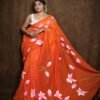 khadi orange hand painted saree with Padma flower motifs – Swamini Sarees