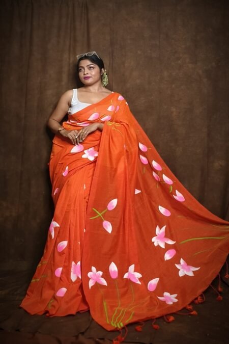 khadi orange hand painted saree with Padma flower motifs – Swamini Sarees