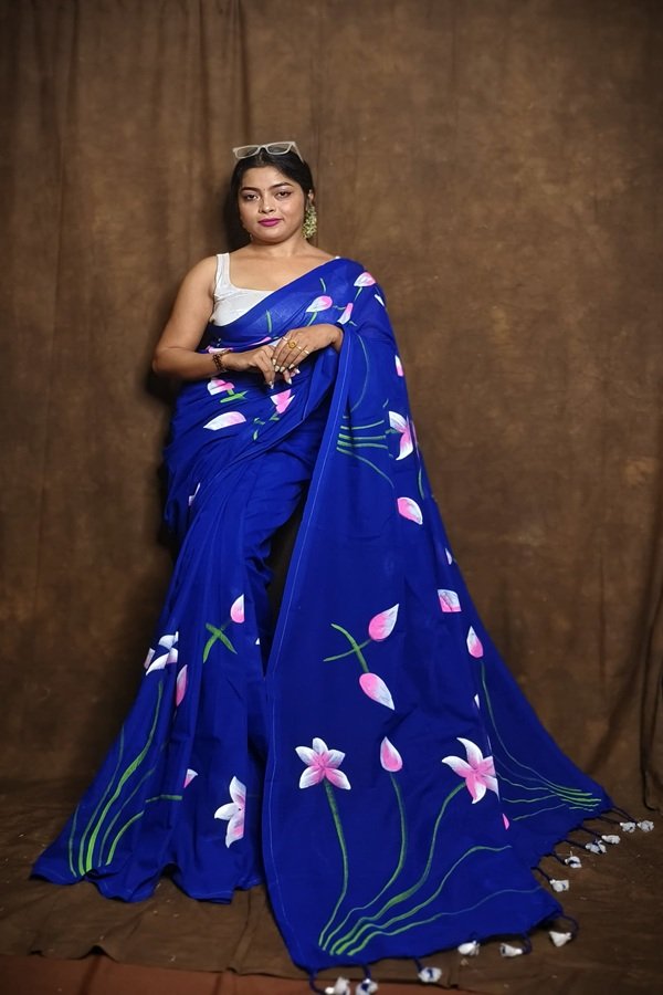 khadi Royal Blue hand painted saree with Padma flower motifs – Swamini Sarees