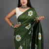 Green khadi sunflower block print saree draped on model-handcrafted by swamini sarees
