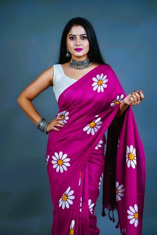 magenta khadi sunflower block print saree draped on model-handcrafted by swamini sarees