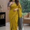 olive green khadi sarees front view draped on a model by swamini sarees