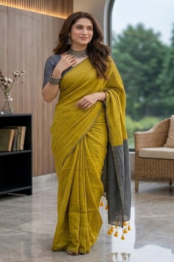 olive green khadi sarees front view draped on a model by swamini sarees