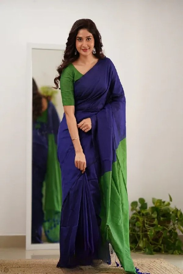navy blue and green khadi sareee - swamini sarees