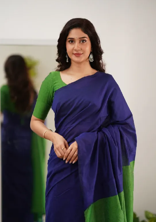 navy blue and green khadi sareee - swamini sarees