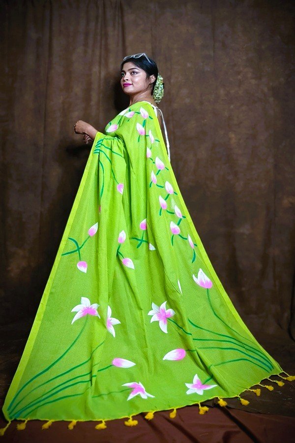 khadi green hand painted saree with Padma flower motifs – Swamini Sarees