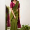 Lightweight khadi cotton saree in green with rich magenta pallu – swamini sarees