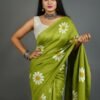 green khadi sunflower block print saree draped on model-handcrafted by swamini sarees