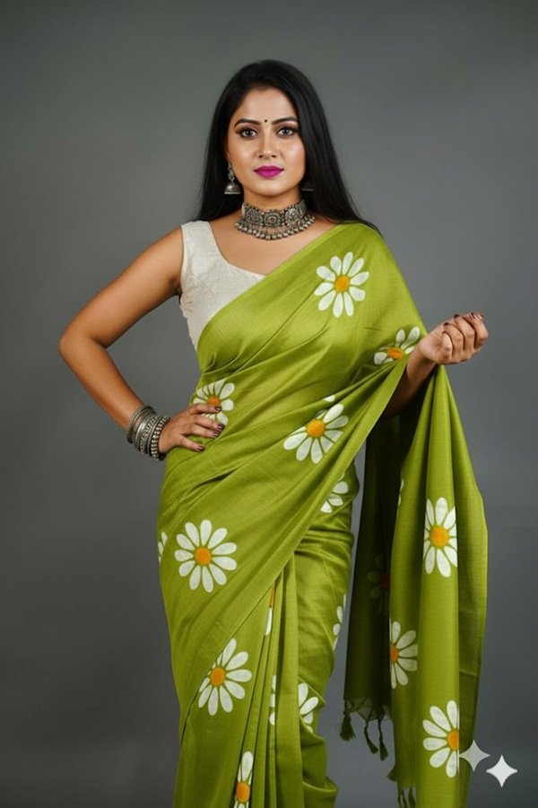 green khadi sunflower block print saree draped on model-handcrafted by swamini sarees