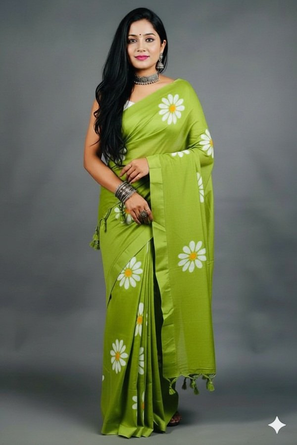 green Khadi Sunflower Block Print Saree front view – handcrafted by Swamini Sarees