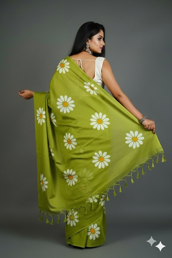 green Khadi Sunflower Block Print Saree front view – handcrafted by Swamini Sarees