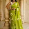 green sunflower khadi saree front view draped on model by swamini sarees