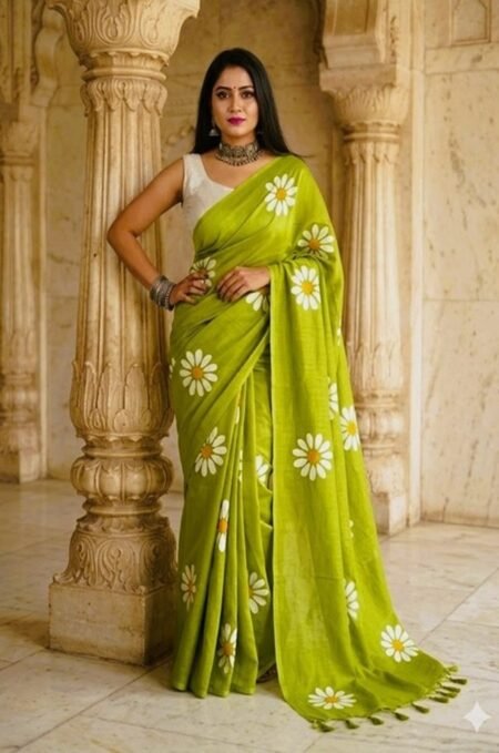 green sunflower khadi saree front view draped on model by swamini sarees