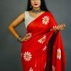 red khadi sunflower block print saree draped on model - handcrafted by swamini sarees