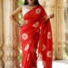 red sunflower khadi saree front view draped on a model by swamini sarees