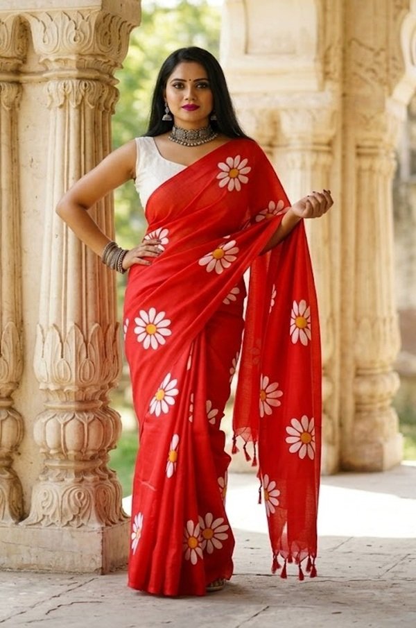 red sunflower khadi saree front view draped on a model by swamini sarees