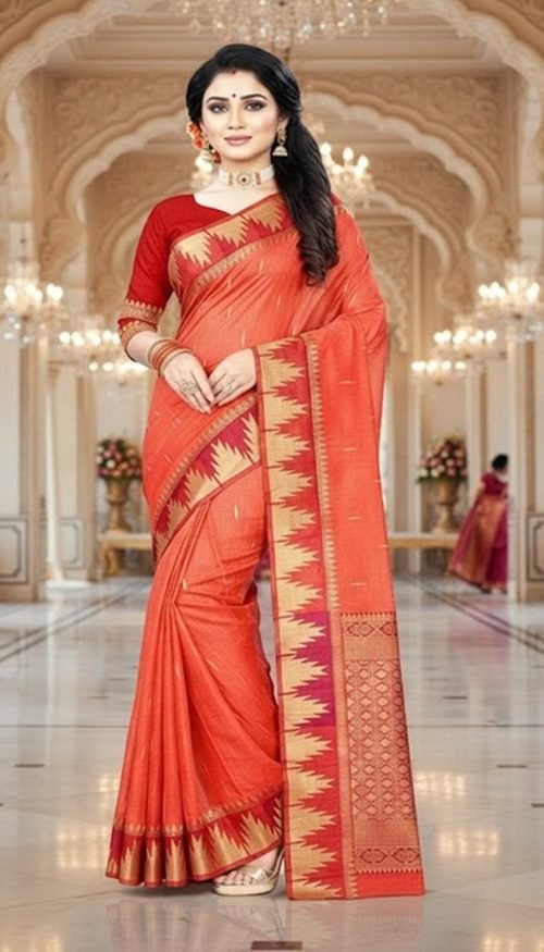 banarasi silk saree temple border draped on model swamini sarees