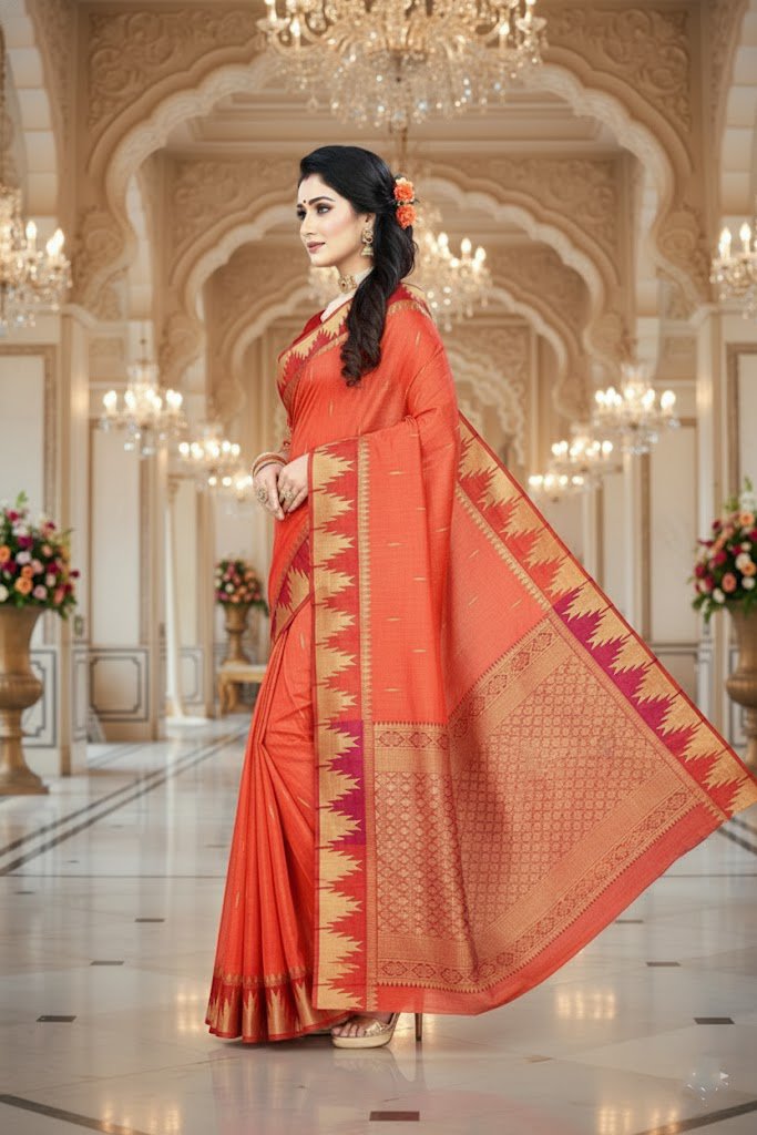 Peachy-orange raw silk Banarasi saree featuring a traditional temple border and a heavy brocade pallu view swamini sarees