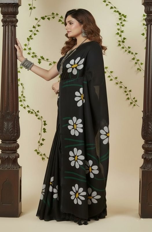 Woman draping a soft black mul saree with handpainted white daisy flowers, showing lightweight and breathable texture perfect for office wear side view draped on model by swamini sarees