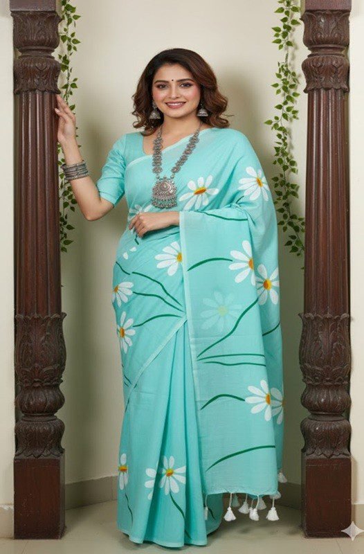 Woman wearing a lightweight blue handpainted Mul saree with daisy flowers draped n a casual style by swamini sarees