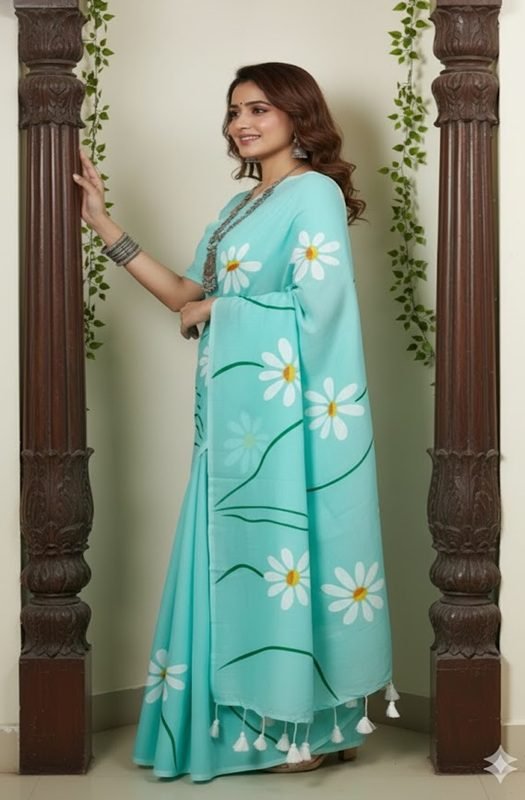 Woman wearing a lightweight blue handpainted Mul saree with daisy flowers draped n a casual style side view by swamini sarees