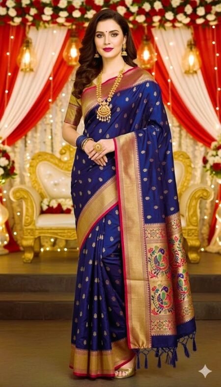 blue paithani silk kalanjali butti front view draped on model by swamini sarees