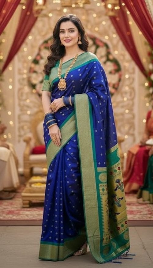blue paithani silk kalanjali butti saree draped on model by swamini sarees