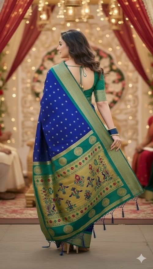 blue paithani silk kalanjali butti saree pallu view by swamini sarees