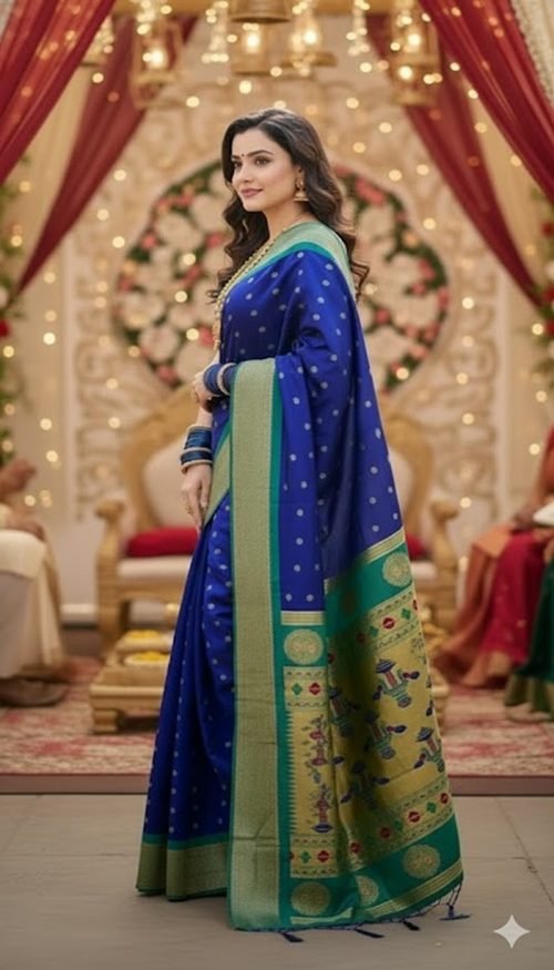 blue paithani silk kalanjali butti saree side view by swamini sarees