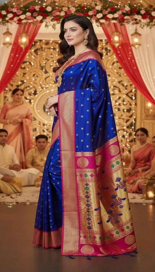 blue paithani silk kalanjali butti side view by swamini sarees