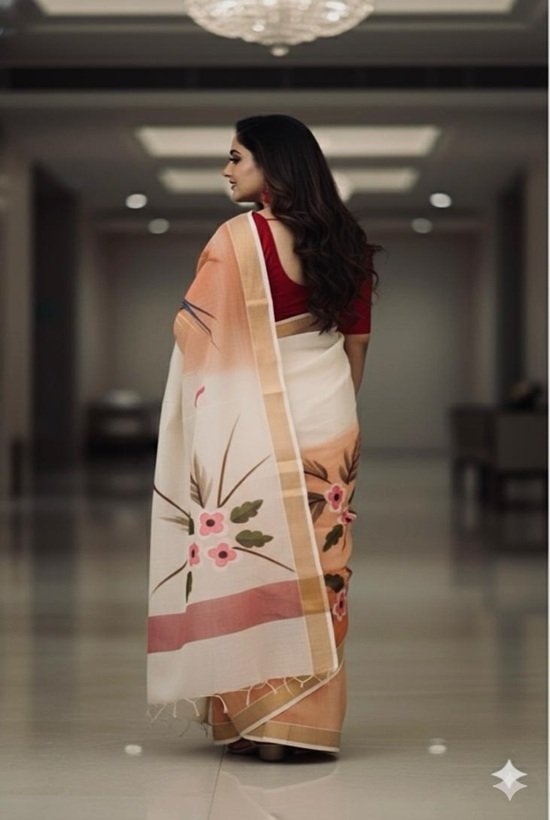 cotton hand painted saree draped on model back view handcrafted by swamini sarees