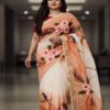 cotton hand painted saree draped on model front view handcrafted by swamini sarees