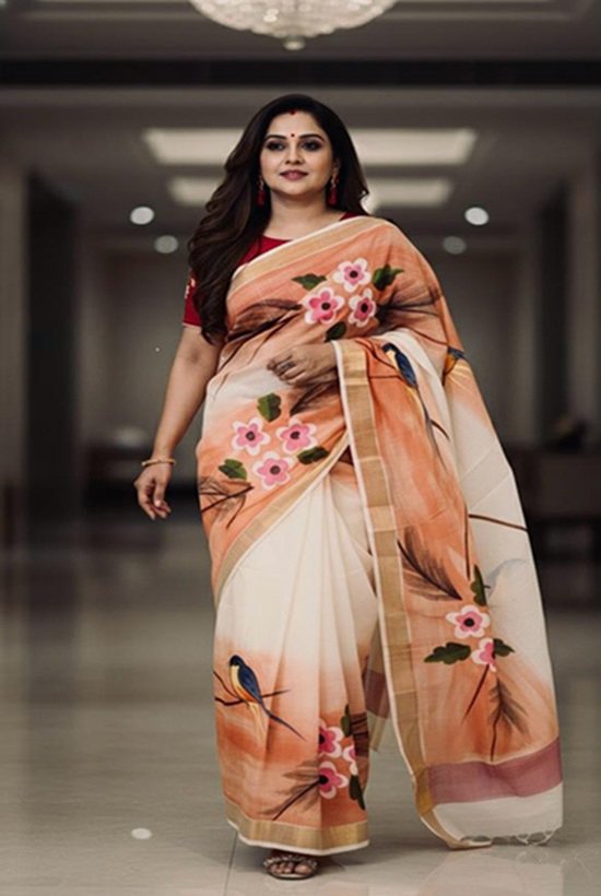 cotton hand painted saree draped on model front view handcrafted by swamini sarees